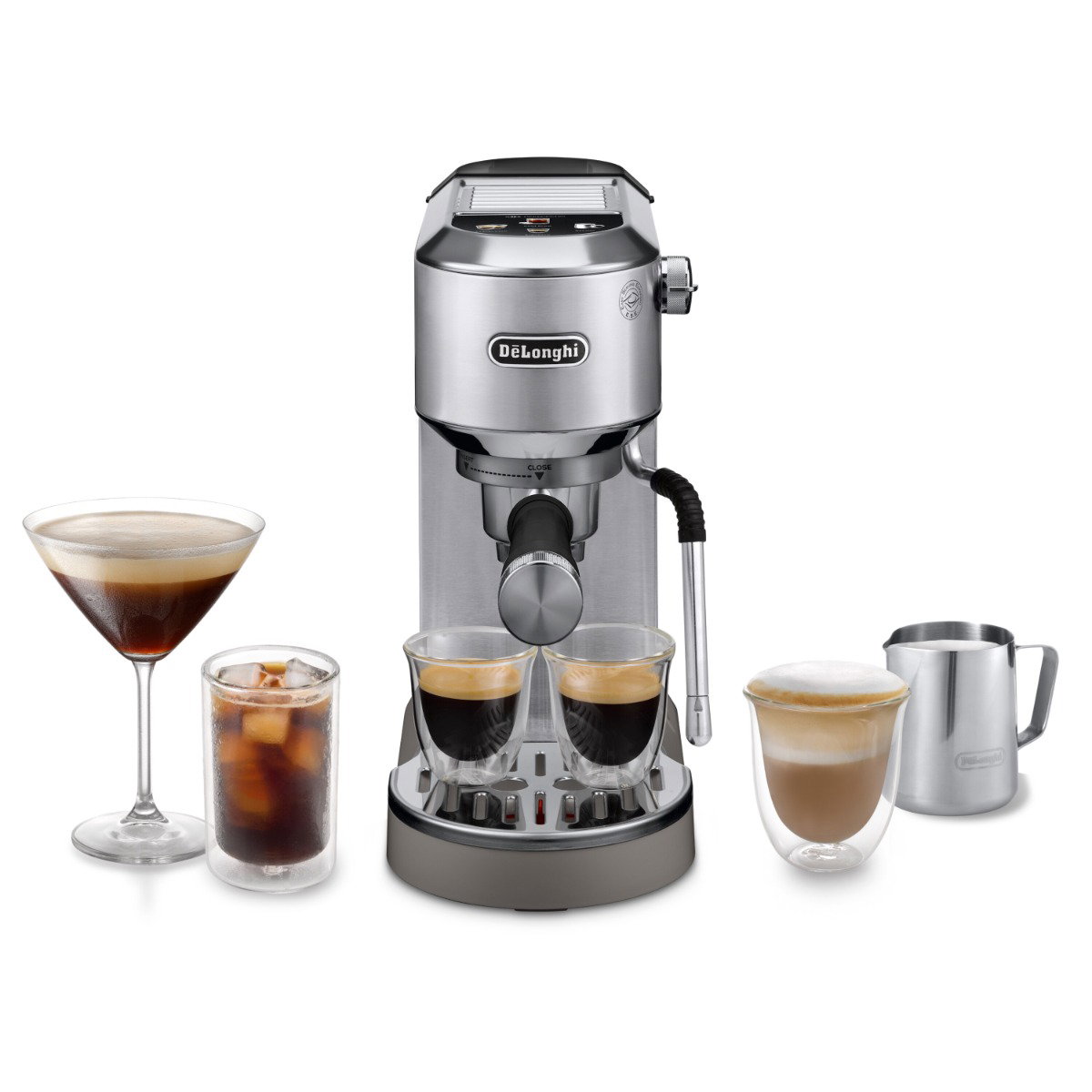 Compare DeLonghi Dedica Duo, Barista Coffee Machine with Pump, Espresso and Cold Brew, Manual Coffee Machine with LatteArt Steam Rod, 15 cm Wide, 2 Espresso, Touch Screen, Cup up to 13 cm, EC890.M, Metal at KSA Price