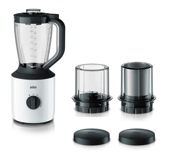 Compare Braun Power Blender, 800W, 2L Capacity, Varaible Speeds, Pulse Function, Chopper Attachmnet, Grinder Attachment, Dishwasher Safe, JB3123WH, White at KSA Price