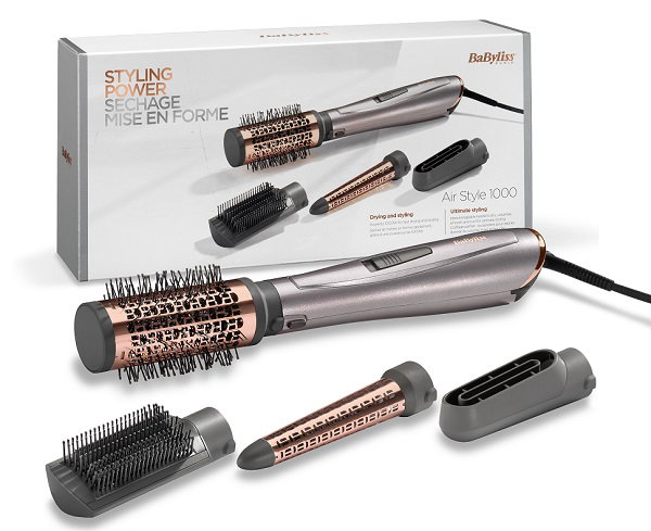Compare Babyliss Air Styler, 1000W, 2 Heat Setting, Cool Setting, 4 Attachment, Ionic Frizz Control, Heat Glove, AS136SDE, Grey at KSA Price