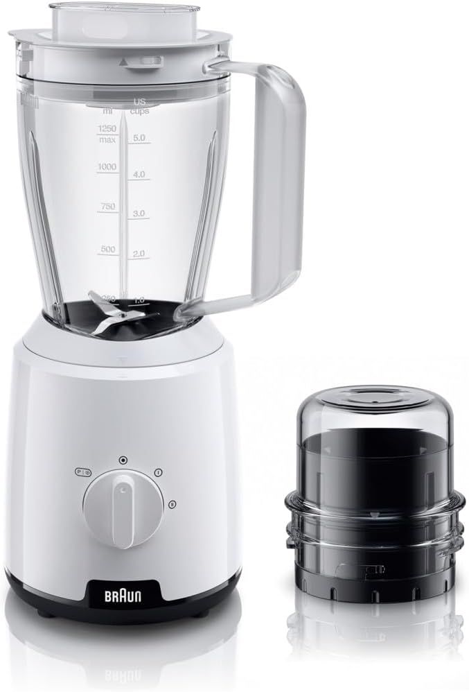 Compare Braun Blender, 600W, 2 Speeds, Pulse Function, 1.5L Mixing Capacity, 0.150L Chopper, Ice Crush, Steel Knife, Dishwasher Safe,  JB1015WH, White at KSA Price