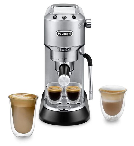 Compare DeLonghi Dedica, Manual Coffee Machine, Barista Pump Espresso and Cappuccino  Machine, Ground Coffee and ESE Pods can be used, Milk Frother for Latte Macchiato and more,  1350W, 1.1L, 15 Bar,  EC885.M, Metalic at KSA Price