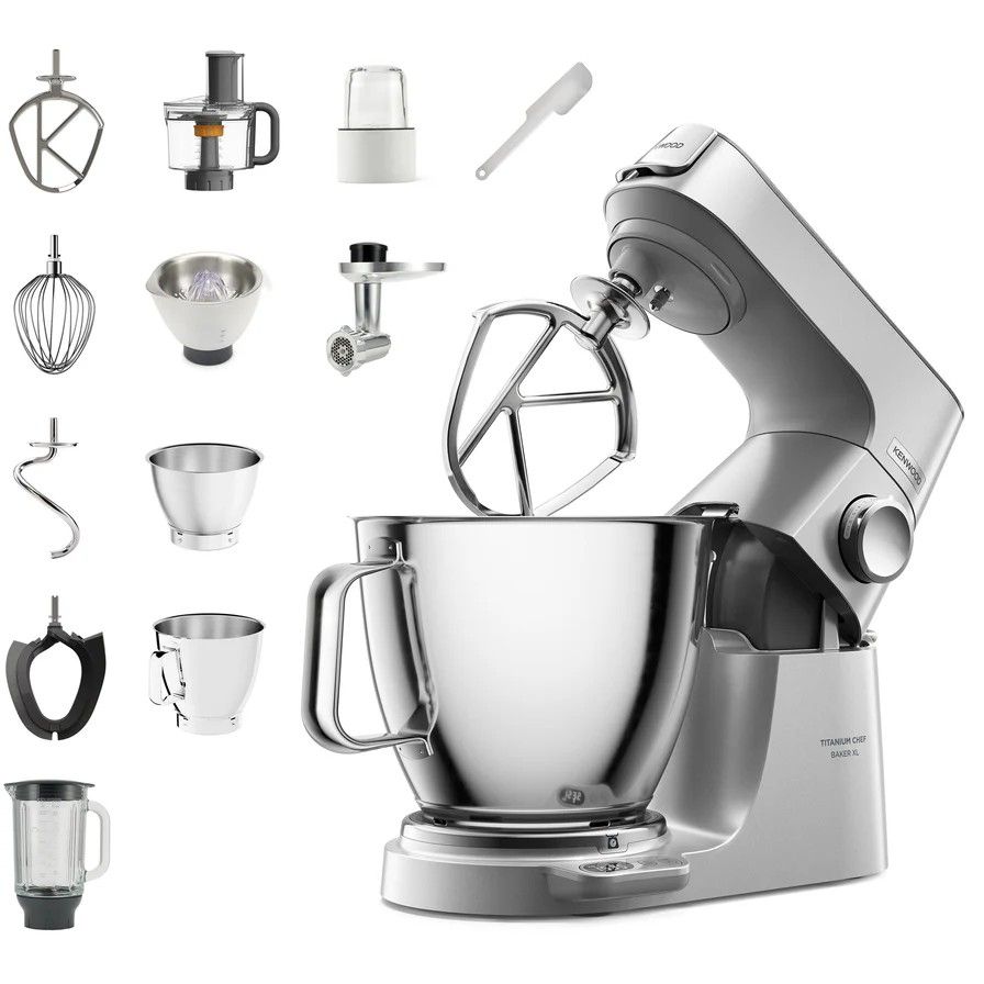 Compare Kenwood Kitchen Machine Titanium Chef Baker, 1800W, Builtin Weighing Scale, DuoBowl 7L+5L Cap, 4 Tools, 5 Attachemnts, Food processor, Blender, Mincer, Multi Mill, juicer, KVL85.704SI, Silver at KSA Price