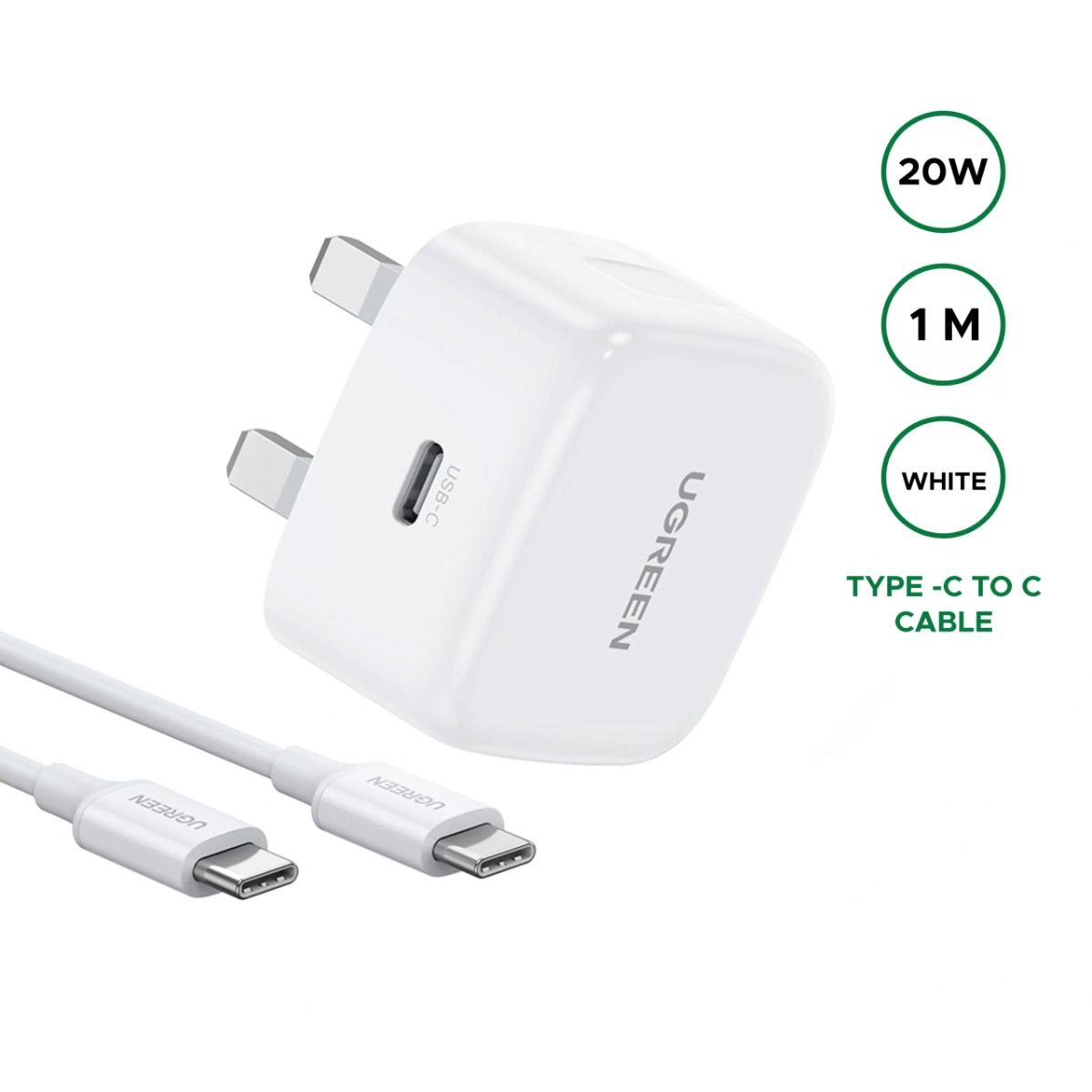 Compare UGREEN 20W, Fast Charger Set With TypeC to TypeC, 1 Meter Cable, 45438, White at KSA Price
