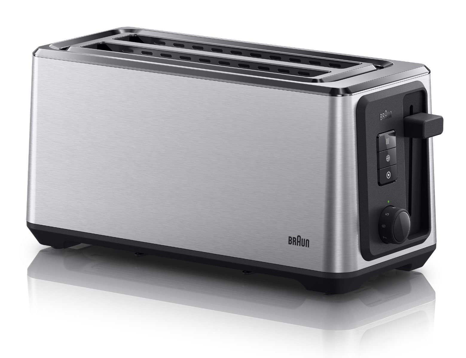 Compare Braun Identity Toaster, 2 extra long slots, 1470 W, Variable browning control with 8 settings, Integrated Bun warmer, Reheat, Defrost and Bun warming functions, Autocentering system, Intelligent heat control, HT5220BK at KSA Price