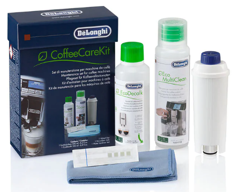Compare DeLonghi Coffee Care Kit, Maintenance Set for Coffee Machines with Water Filter, EcoDecalk, Eco MultiClean, Microfiber Cloth, Water Hardness Test, DLSC306 at KSA Price