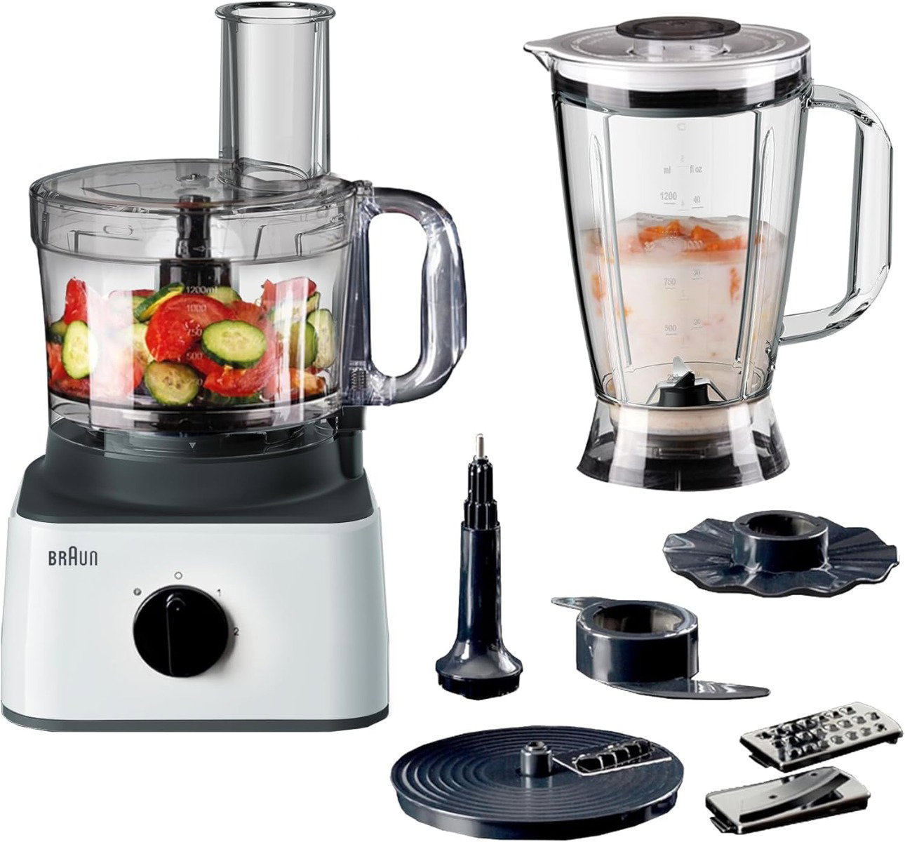 Compare Braun Food Processor 8 in 1, 750W, 2 Speeds, Pulse Function, 2.1L Capacity, 1.8L Blender, Slicing and Grating disc, Dough, Ice Crusher Blade, FP0132WH, White at KSA Price