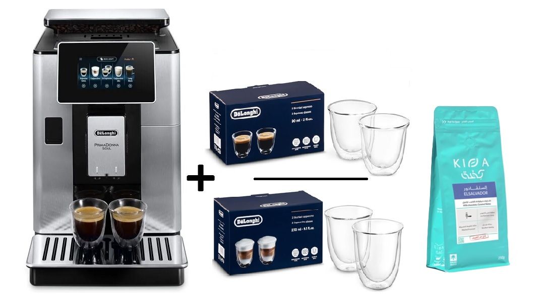 Compare DeLonghi Primadonna Soul, Fully Automatic Coffee Machine, Built In Grinder + Free Gift 1 KG of Coffee Beans + Espresso Glasses 90ml Set of 2, Cappuccino Glasses 190ml Set of 2 at KSA Price