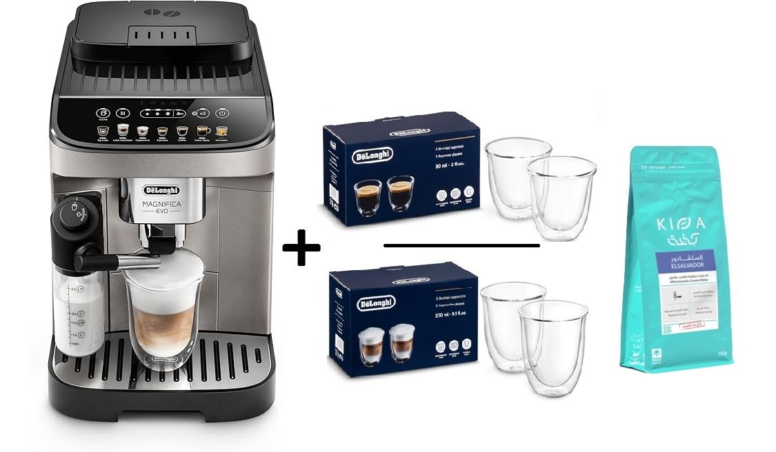 Compare DeLonghi Magnifica Evo, Fully Automatic Coffee Machine + Free Gift 1 KG of Coffee Beans + Espresso Glasses 90ml Set of 2, Cappuccino Glasses 190ml Set of 2 at KSA Price