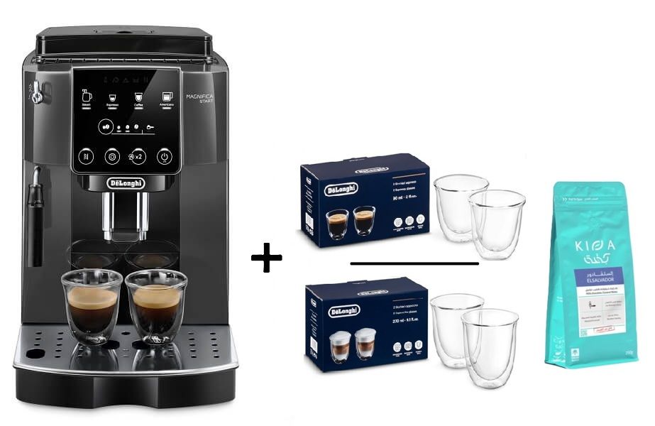 Compare DeLonghi Magnifica Start, Fully Automatic Coffee Machine + Free Gift 1 KG of Coffee Beans + Espresso Glasses 90ml Set of 2, Cappuccino Glasses 190ml Set of 2 at KSA Price