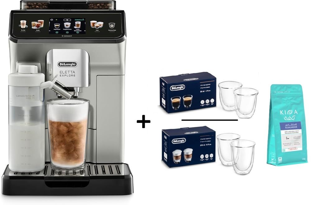 Compare DeLonghi Eletta Explore, Fully Automatic Coffee machine with Free Gift 1 KG of Coffee Beans, Espresso Glasses 90ml Set of 2 & Cappuccino Glasses 190ml Set of 2 at KSA Price