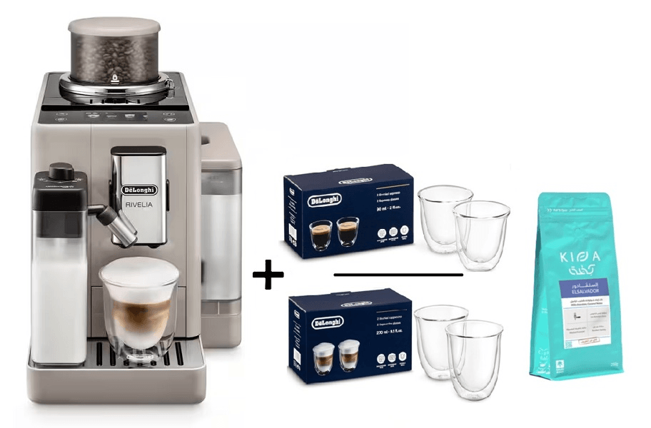 Compare DeLonghi Rivelia, Fully Automatic Coffee Machine with Free Gift 1 KG of Coffee Beans, Espresso Glasses 90ml Set of 2 & Cappuccino Glasses 190ml Set of 2 at KSA Price