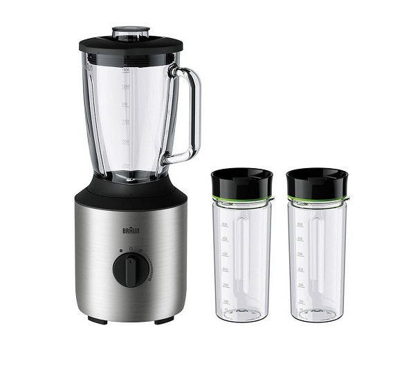 Compare Braun Power Blender, 800W, 1.5L Capacity, Glass Jug, Variable Speeds, Pulse Function, 0.600L Smoothie2Go Bottles, Dishwasher Safe, JB3272SI, Silver at KSA Price