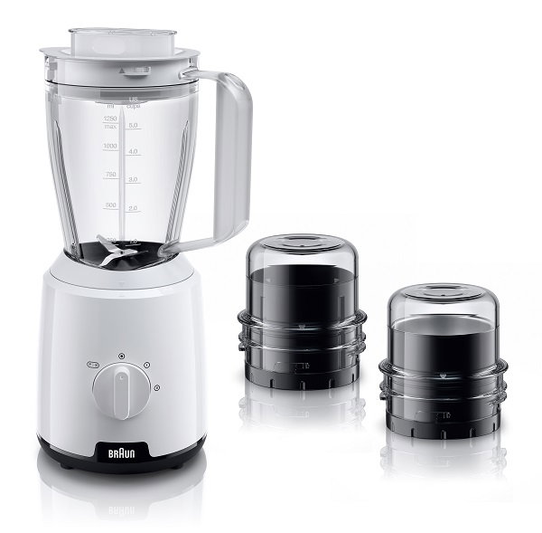 Compare Braun Blender, 600W, 2 Speeds, Pulse Function, 1.5L Mixing Capacity, 0.150L Chopper, 0.150L Grinder, Ice Crush, Steel Knife, Dishwasher Safe,  JB1023WH, White at KSA Price