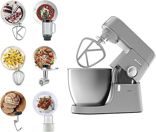 Compare Kenwood Kitchen Machine, Metal Body, 1200W, 6.7L Steel Bowl, KBeater, Whisk, Dough Hook, Glass Blender, Meat Grinder, Multi Mill, KVL4230S, Silver at KSA Price