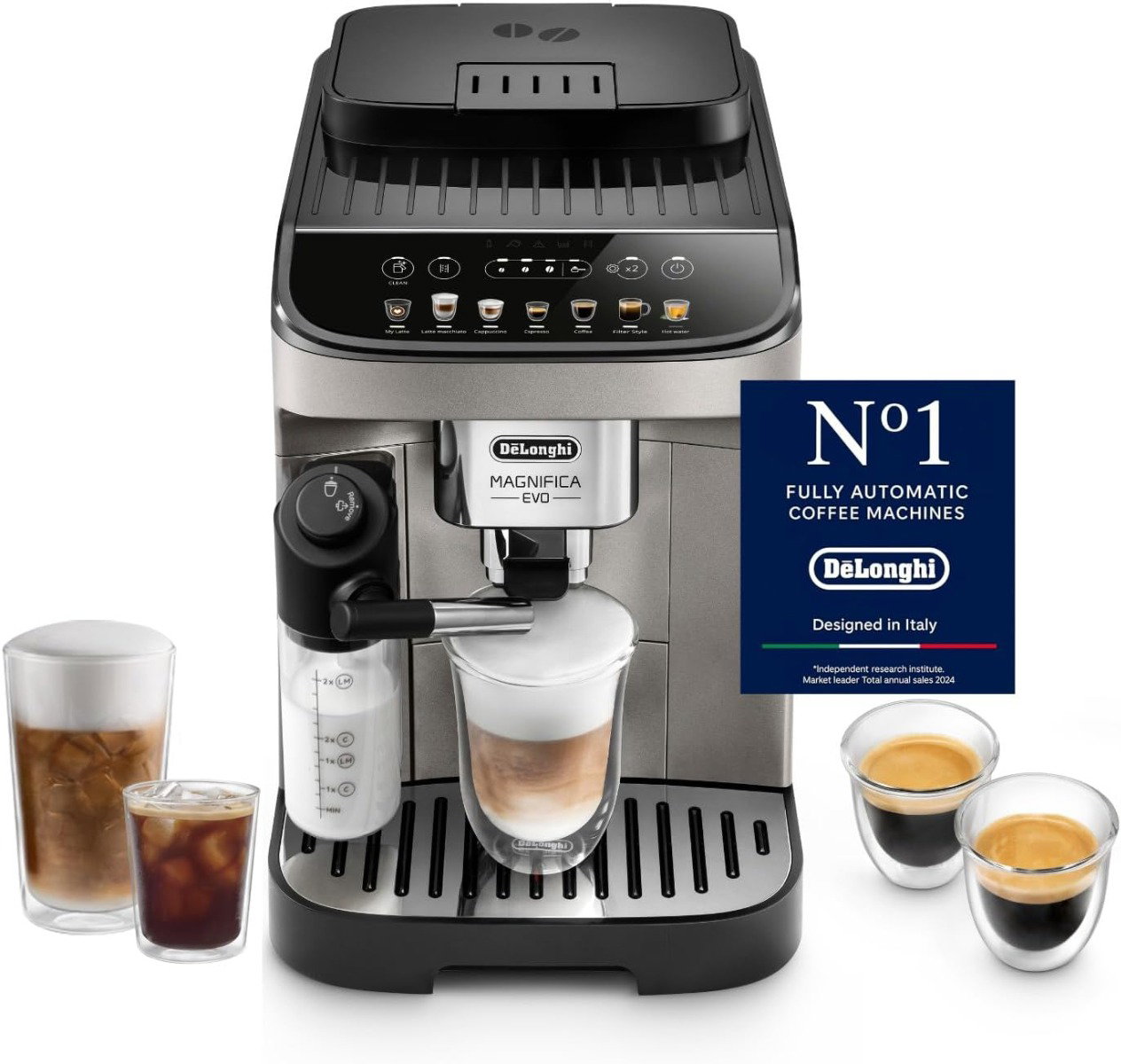 Compare DeLonghi Magnifica Evo, Fully Automatic Coffee Machine, Bean to Cup, Ideal for Espresso, Americano, Cappuccino, Latte, Macchiato & Many More Coffee Recipes, 9+ Functions, 1450W, 1.8L, 15 Bar, ECAM290.81.TB, Grey at KSA Price