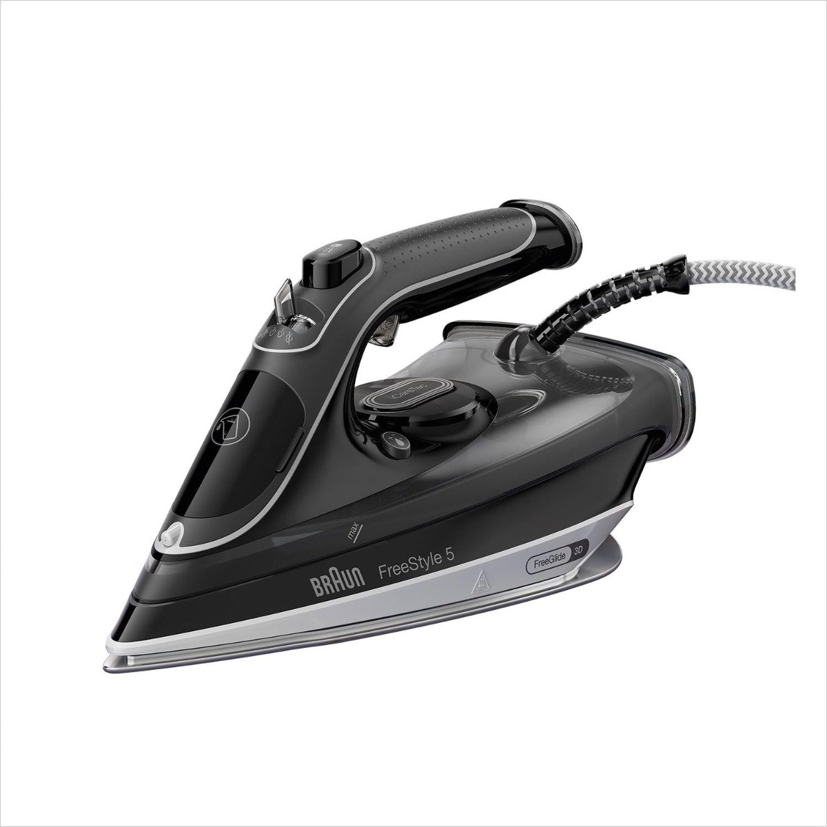 Compare Braun FreeStyle 5 Steam Iron, 2800W, 330ml Water Tank, FREEGLIDE 3D, Eloxal Plus, steam rate 50gmin, Steam Boost 220gmin for Vertical Ironing, AntiCalc System, AntiDrip System, SI5188BK, Black at KSA Price