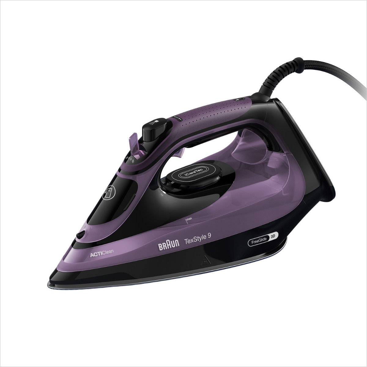 Compare Braun Texstyle 9 Iron, 3100W, Steam Boost 250g, Steam rate 60 gmin, Turbo steam, Smart I care, Quick Heating, curving soleplate with FreeGlide 3D Technology, 330ml, ActiClean System, SI9661VI, Purple at KSA Price