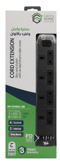 Green Home Power Extension Socket 4 Gang 2 USB-1TypeC-5M-GY/BK