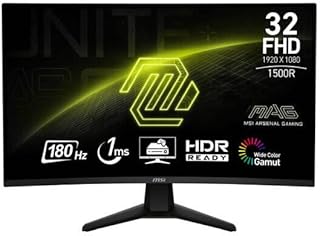 Compare MSI MAG 32C6 FHD Gaming Monitor: 1920 x 1080 Resolution, 180Hz Refresh Rate, AdaptiveSync, AntiGlare, 2x HDMI, Curve 1500R, HDR, Frameless Design, 1ms Fast Response Time  Black at KSA Price