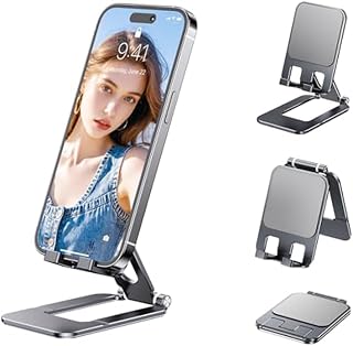 Compare Phone Stand for Desk, Adjustable Aluminum Alloy Desktop Holder for Tablets and Smartphones, Portable and Foldable, for iPhone and Galaxy Series, Viewing and Live Streaming, Gray, 1 Pc at KSA Price