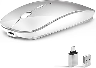 Compare Wireless Mouse for Laptop, Bluetooth Mouse for MacBook ProAirMaciPadChromebookComputer Rechargeale Dual ModeUSB 2.4Ghz + Bluetooth 5.2 Silent Cordless Mice with USB C Adapter,Silver at KSA Price