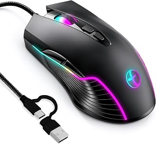 Compare USBC & USBA 2in1 Gaming Mouse with Cable and Mouse Jiggler, 7200DPI Adjustable, 6 Buttons & NonSlip Roll, 4 RGB, Wired Computer Mouse, Quiet Clicks, for MacOS, Windows, iPadOS, Android at KSA Price