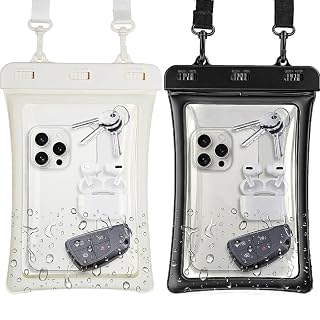 Compare 2 Pack Floating Waterproof Phone Pouch, Large IPX8 Cell Phone Dry Bag for Smartphones up to 10 Inch, Adjustable Lanyard for Beach, Cruise, Swimming and Water Sports, Black and White at KSA Price