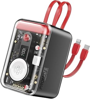 Compare Promate Portable Charger,HighCapacity 20.000mAh Transparent Battery Charger with 35W TypeC PD Cord, Lightning Cable,USBC InputOutput Port and Apple Watch Chargeri,Mavrix 20.000 MaH, Red at KSA Price