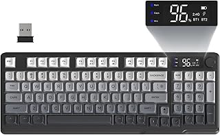 Compare FREEWOLF M96 Wireless Gaming Keyboard Creamy Membrane with Rainbow Backlight,Media Knob,LCD Screen,Dual ModeBluetooth2.4Ghz,Ball Shape PBT Keycap 94 Key ANSI Layout for Win Mac PC GamerMoonlight at KSA Price