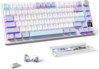 Compare MAMBASNAKE x ATTACK SHARK X820 Ultra Wireless Mechanical Gaming Keyboard 75% with TFT Display and Knob, Bluetooth2.4GUSBC, Shark Switch Spiral Cable, for WinMac, White Purple at KSA Price