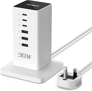 Compare TESSAN USB C Charger Plug, 30W USB Charging Station for Multiple Devices, 6Port Charging Hub with 2m Extension Cord, Multi Charger Block for Smartphones, Tablets at KSA Price