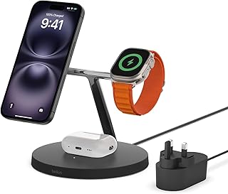 Compare Belkin MagSafe 3 in 1 Wireless Charging Station, 15W iPhone and Apple Watch Fast Wireless Charger, AirPods Charging Station for iPhone 16, 15, 14, 13, 12 Series, Apple Watch 1098, SE, Ultra  Black at KSA Price