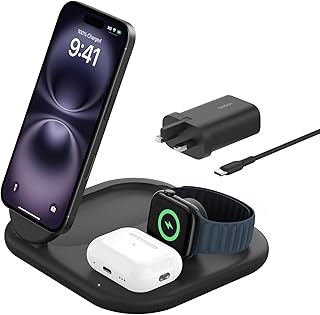 Compare Belkin MagSafe Charger, BoostCharge 3in1 Magnetic Foldable Charger with Qi2 15W  MagSafeCompatible Fast Charger for iPhone 16, 15, Apple Watch, AirPods with NonSlip Base, PSU Included  Black at KSA Price