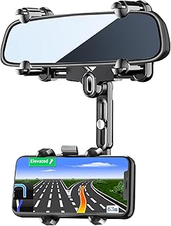 Compare Rearview Mirror Phone Holder, 360° Rotating Retractable Car Phone Mount, 4Corner Fixed AntiShake Universal Holder Compatible with iPhone Samsung All Cell Phones at KSA Price