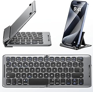 Compare ELECDON Foldable Bluetooth Keyboard with Stand Holder, Portable Wireless Phone Keyboard, Rechargeable Full Size Ultra Slim Travel Keyboard for iOS, Android, Windows, Fit Phone Pad Tablet Laptop at KSA Price