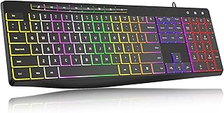 Compare Computer Keyboard Wired,7Color Rainbow LED Backlit, Quiet Light Up Keyboard with Multimedia Keys,Low Profile Chiclet Keys,Large Number Pad,SpillResistant, AntiWear Letters for Windows Mac PC Laptop at KSA Price