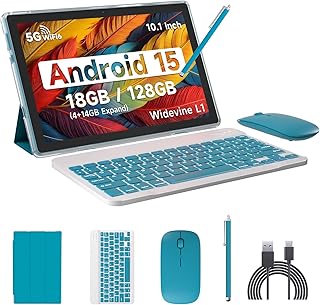 Compare Android 15 Tablet, 10 Inch 18GB RAM+128GB ROM 2TB Expandable Tablet PC, Quadcore 2.0GHz Processor, 1280*800 10" HD Touch Screen, 2.4G5G WiFi 6 BT 5.0, 2 in 1 Tablets with Keyboard Case Mouse Stylus at KSA Price