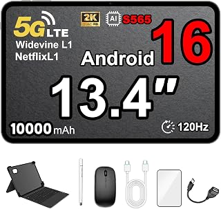 Compare Tablet 13.4 Inch, Android 16 Tablet with SIM Card Slot 4G5G LTE Calling, 120Hz Display, 32GB+256GB, 10000mAh, S565 2.9GHz Gaming Tablet, Dual Camera, Bundle with Protective Case, Keyboard, Mouse at KSA Price