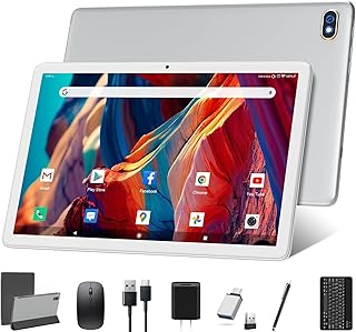 Compare Tablet 10.1 Inch 128 Storage+1TB Expand 2 in 1 Android Tablets, Tablet with Keyboard Case Mouse, 5G Dual WiFi, GPS, Octa Core, HD Touchscreen,13MP Dual Camera, Bluetooth, 7000 mAh Battery Silver at KSA Price