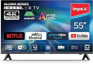Compare Impex 55Inch 4K Ultra HD Smart Android LED TVFrame Less Design,Mirror Cast And EShare,HDMIUSBWiFi Input,Netflix,YouTube, Disney+, Apple TV+, Starz Play Arabia,2 Years WarrantyGloria 55 Smart at KSA Price