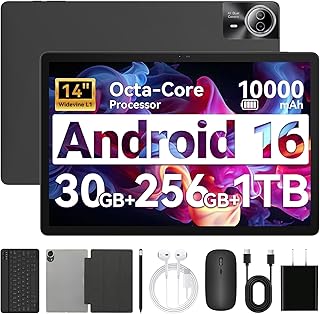 Compare Tablet｜14 inch Android 15 Tablet｜30GB RAM 256GB ROM｜1920 * 1200 IPS FHD｜10000mAh 30W Fast Charging｜Octacore Processor｜WiFi 6, BT 5.4｜Dual Camera with Keyboard｜Mouse｜Stylus｜Case｜Headphone at KSA Price