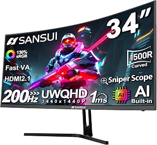 Compare SANSUI 34Inch Curved Gaming Monitor UWQHD 3440 x 1440 165Hz Curved 1500R  PIPPBP, 1msMPRT, HDR, 300nits, sRGB 125%, DCIP3 95%,FreeSync,HDMI2.1TMDS x2,DP1.4 x2ESG34C5 DP Cable Included at KSA Price