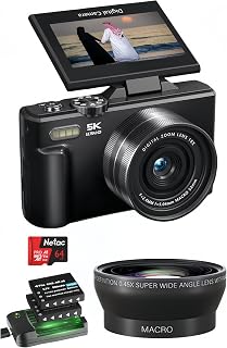 Compare 5K Point and Shoot Digital Camera, 75MP Autofocus Camera for Photography, 18X Digital Zoom, 3" 180° Flip Screen, Wide Angle & Macro Lens, 64GB TF Card, 2 Batteries at KSA Price