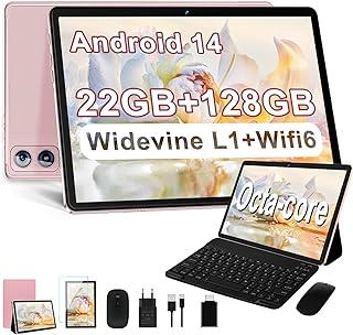 Compare 2025 Newest Tablet 10 Inch Android 14, 22GB RAM+128GB ROMTF 1TB, 8Core 2.0GHz, 8000mAh, Metal Body, Dual WiFi, GPS, BT5.0, 8MP+5MP, Widevine L1, with Keyboard and Mouse, Gold at KSA Price