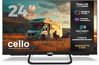 Compare Cello CTRAV24TZ 24 Inch Smart Frameless LED 12V Traveller TV with Tizen OS by Samsung, Gaming Hub, Pitch Perfect Speaker, Bluetooth, Ideal for Motorhome, Triple Tuner at KSA Price