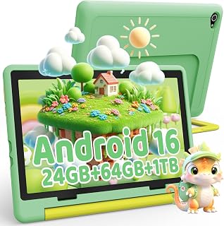 Compare Ainmel Android 16 Children's Tablet, 10.1 Inch Tablet for Children, 24 GB + 64 GB Expandable to 1TB, 6000 mAh, Child Lock, WiFi 6, Bluetooth 5.4, Widevine L1, Childproof Case Green at KSA Price