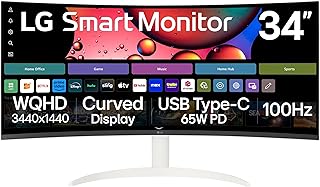 Compare LG 34SR63QAW 34 inch Smart Curved Monitor with Streaming TV, QHD 1440p, UltraWide Screen, USB TypeC 65W PD, 1800R, webOS, HDR10, 100Hz, Builtin Speaker, AirPlay2, Screen Share, Bluetooth, White at KSA Price
