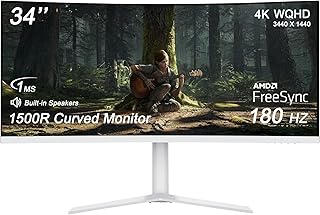 Compare 34Inch UltraWide 4K Curved Gaming Monitor, 3440 x 1440 WQHD, 180Hz, 1ms, VA Panel with LED Backlight, Builtin Speakers, 1500R Curvature, Adjustable Stand, 2 x HDMI 2.0 & 2 x DisplayPort 1.4, White at KSA Price