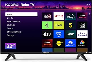 Compare KOORUI Roku TV 32" Smart TV, 32 Inch HD TV with Apple TV+ Netflix Freeview, DVBT2T Dolby Audio HDMI USB Television, Small TV for Small Lounge Bed Room at KSA Price