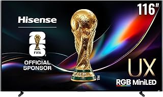 Compare Hisense 116UX RGB Mini LED 165Hz VRR TV 4K Smart, Brightness 8,000 nits, Dolby Vision,Dolby Atmos,HDR10+, HLG, 102W 6.2.2 CineStage X Surround, AMD Freesync Premium Pro 116UX,8 Years VIDAA OS Updates at KSA Price